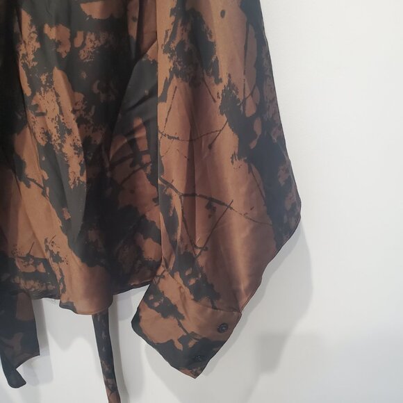 Zara New Brown & Black Abstract Tie Front Blouse with Full Cut Out Long Sleeve L - Picture 11 of 15